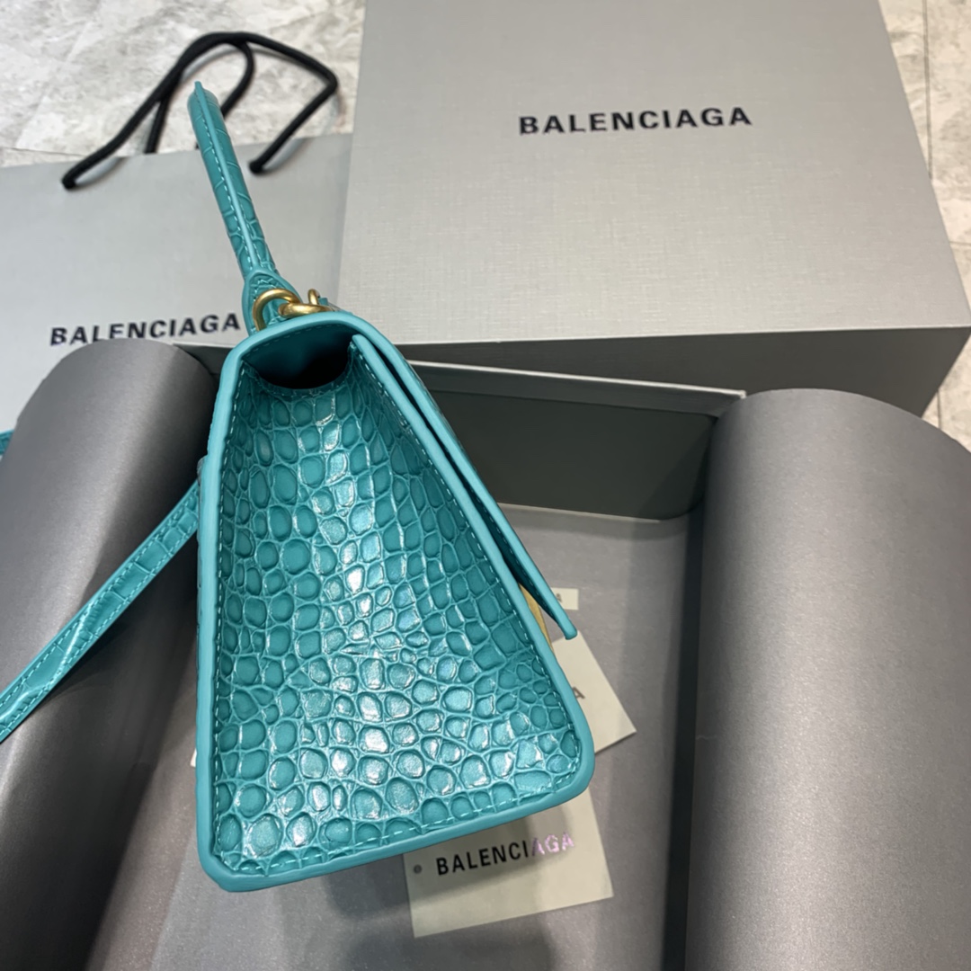 Balenciaga Hourglass 23cm Chain Bag in Shiny Crocodile Embossed Leather Maca Blue