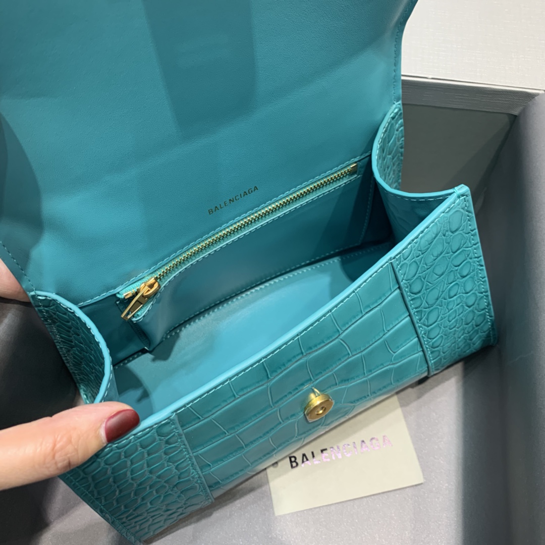 Balenciaga Hourglass 23cm Chain Bag in Shiny Crocodile Embossed Leather Maca Blue