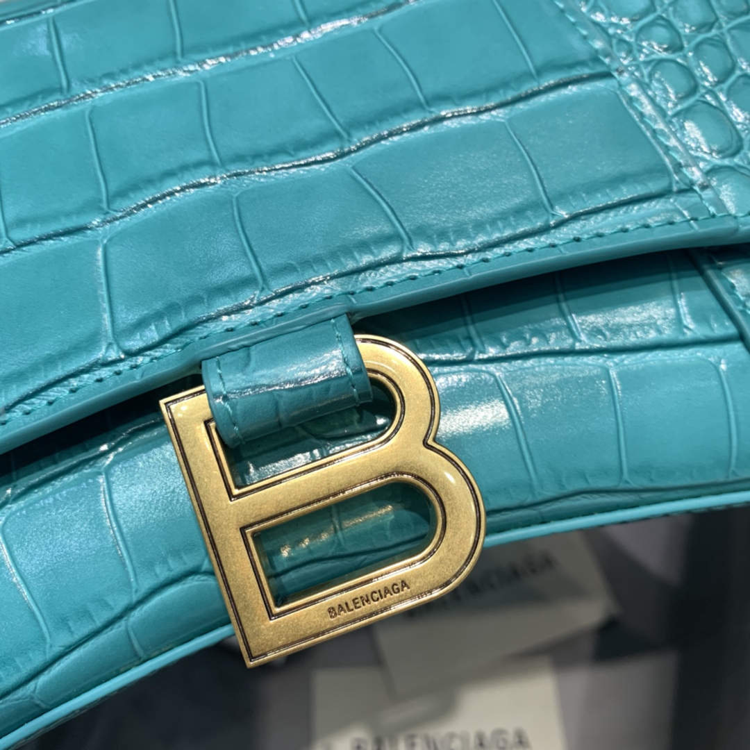 Balenciaga Hourglass 23cm Chain Bag in Shiny Crocodile Embossed Leather Maca Blue