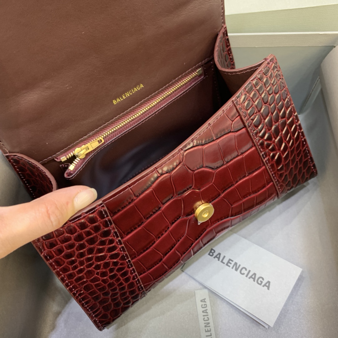 Balenciaga Hourglass 23cm Chain Bag in Shiny Crocodile Embossed Leather Maroon 