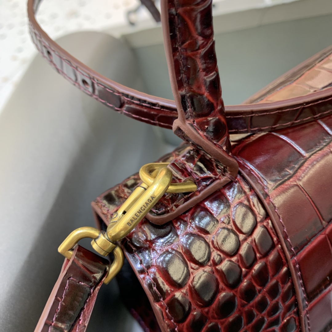 Balenciaga Hourglass 23cm Chain Bag in Shiny Crocodile Embossed Leather Maroon 