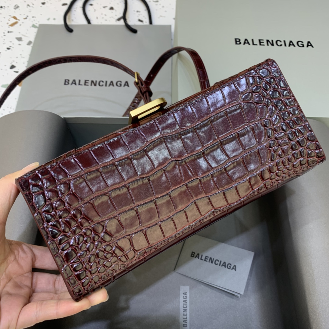 Balenciaga Hourglass 23cm Chain Bag in Shiny Crocodile Embossed Leather Maroon 