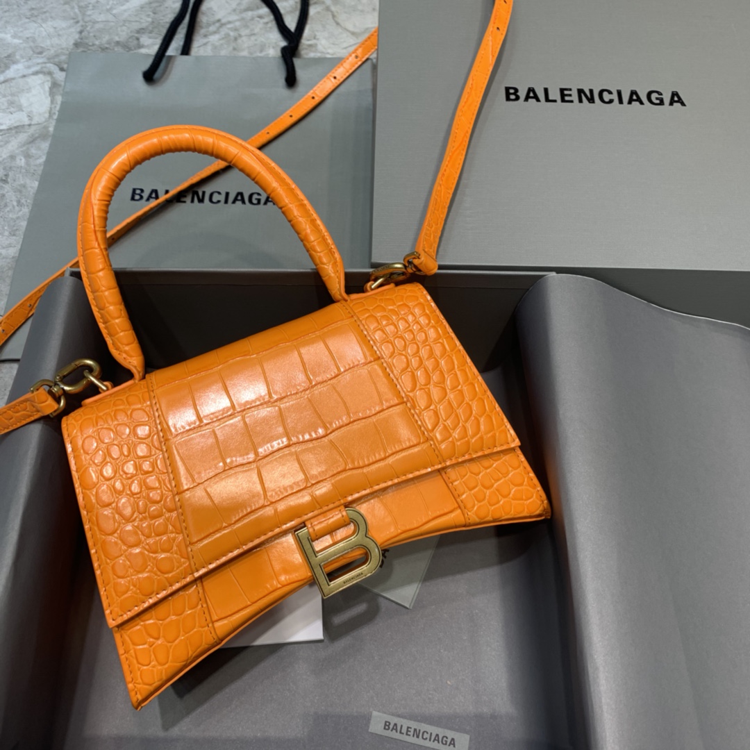 Balenciaga Hourglass 23cm Chain Bag in Shiny Crocodile Embossed Leather Orange With Gold LOGO