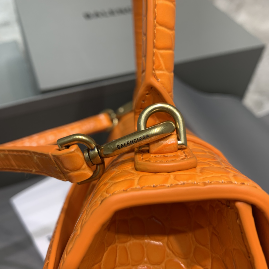 Balenciaga Hourglass 23cm Chain Bag in Shiny Crocodile Embossed Leather Orange With Gold LOGO