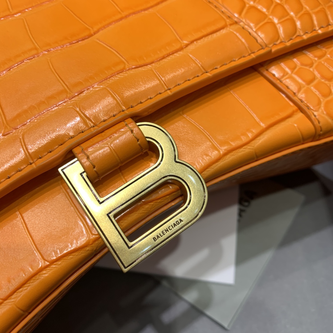 Balenciaga Hourglass 23cm Chain Bag in Shiny Crocodile Embossed Leather Orange With Gold LOGO