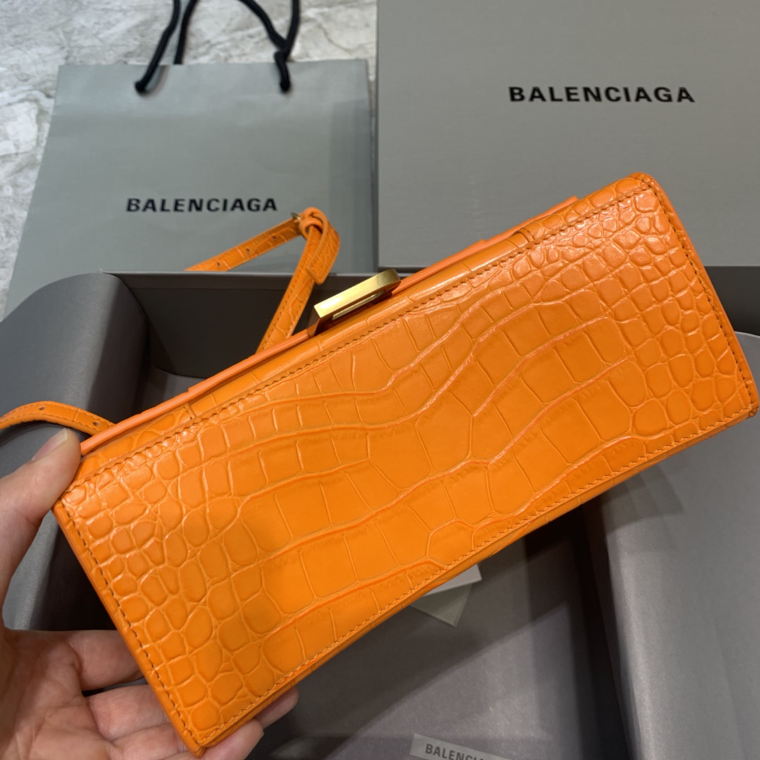 Balenciaga Hourglass 23cm Chain Bag in Shiny Crocodile Embossed Leather Orange With Gold LOGO