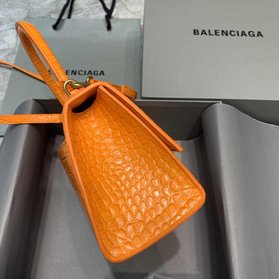 Balenciaga Hourglass 23cm Chain Bag in Shiny Crocodile Embossed Leather Orange With Gold LOGO
