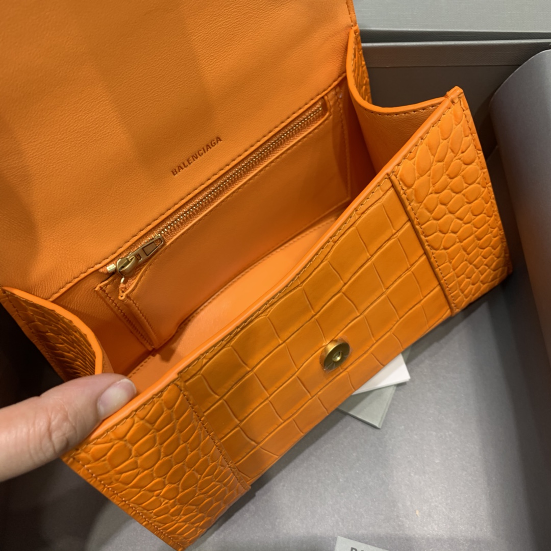 Balenciaga Hourglass 23cm Chain Bag in Shiny Crocodile Embossed Leather Orange With Gold LOGO