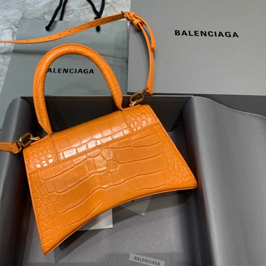 Balenciaga Hourglass 23cm Chain Bag in Shiny Crocodile Embossed Leather Orange With Gold LOGO