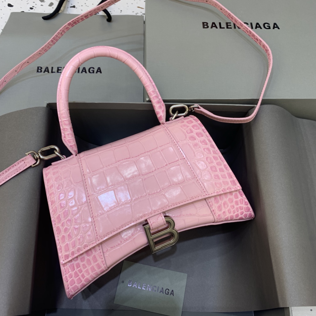 Balenciaga Hourglass 23cm Chain Bag in Shiny Crocodile Embossed Leather Peach