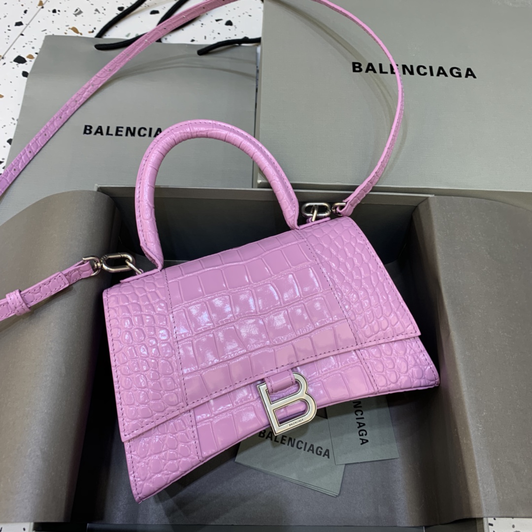 Balenciaga Hourglass 23cm Chain Bag in Shiny Crocodile Embossed Leather Rose