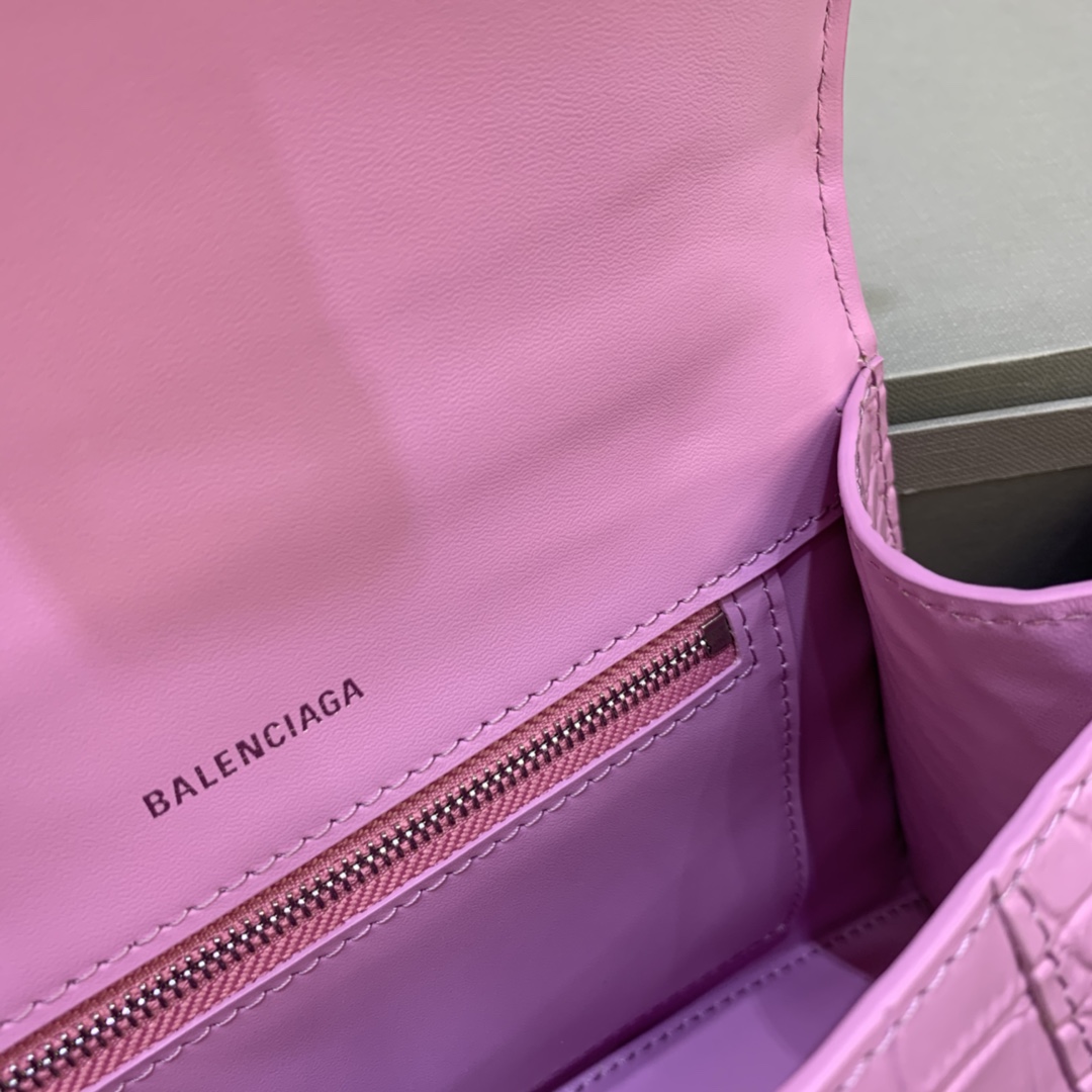 Balenciaga Hourglass 23cm Chain Bag in Shiny Crocodile Embossed Leather Rose