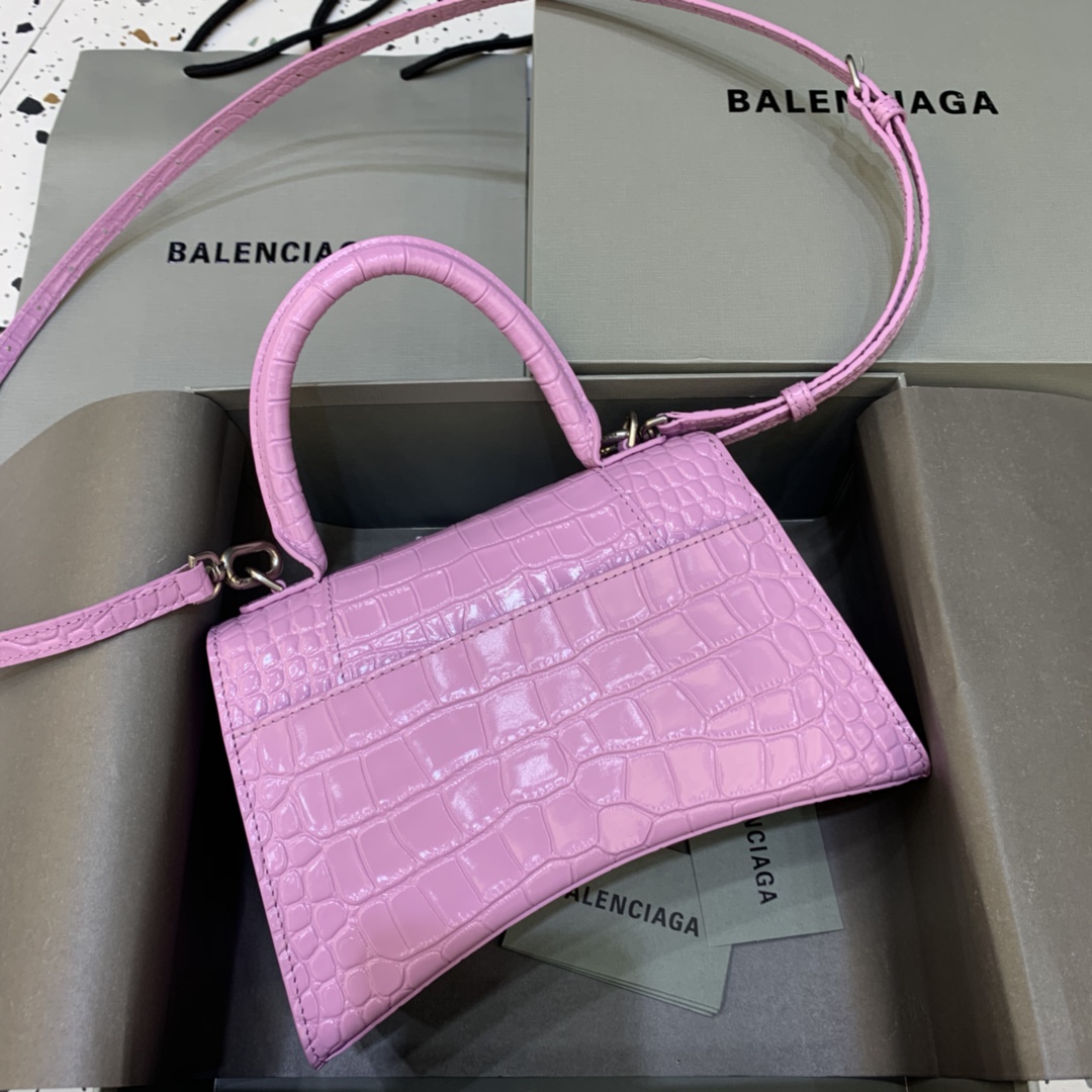 Balenciaga Hourglass 23cm Chain Bag in Shiny Crocodile Embossed Leather Rose