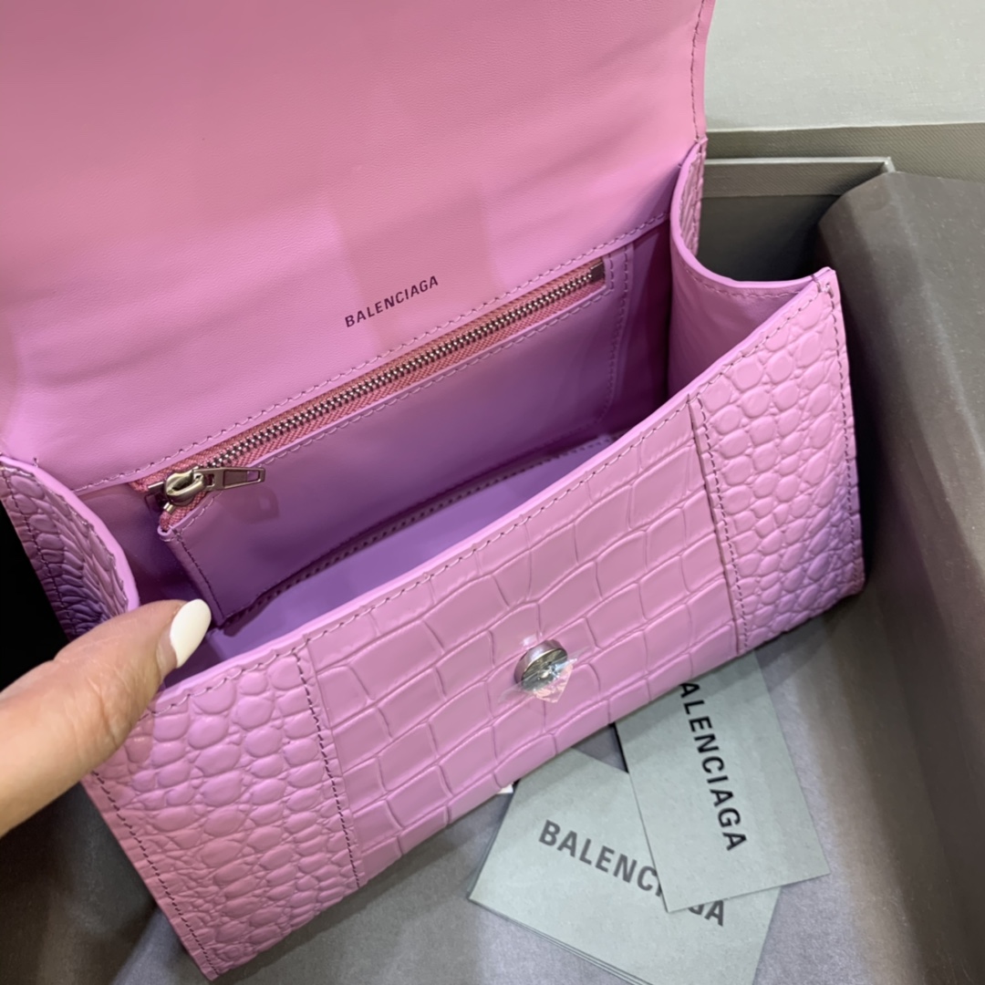 Balenciaga Hourglass 23cm Chain Bag in Shiny Crocodile Embossed Leather Rose