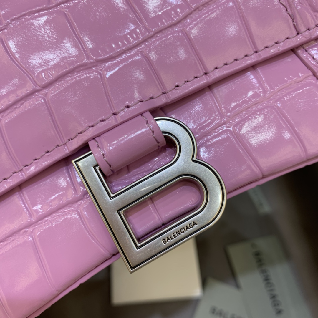 Balenciaga Hourglass 23cm Chain Bag in Shiny Crocodile Embossed Leather Rose