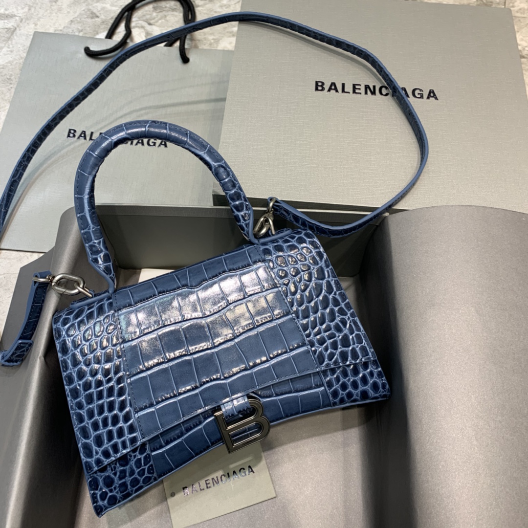Balenciaga Hourglass 23cm Chain Bag in Shiny Crocodile Embossed Leather Royal Blue