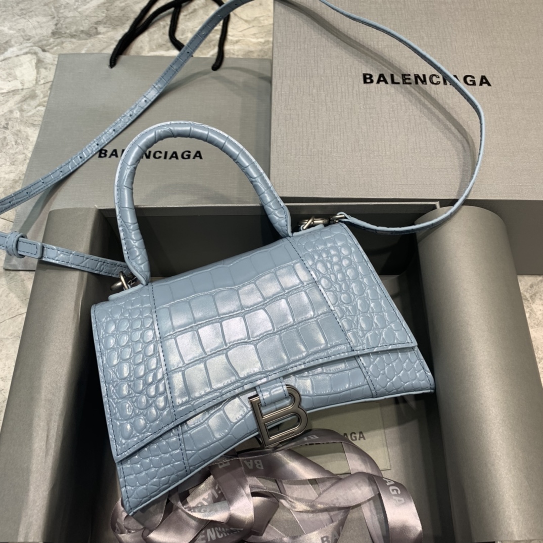 Balenciaga Hourglass 23cm Chain Bag in Shiny Crocodile Embossed Leather Sky Blue