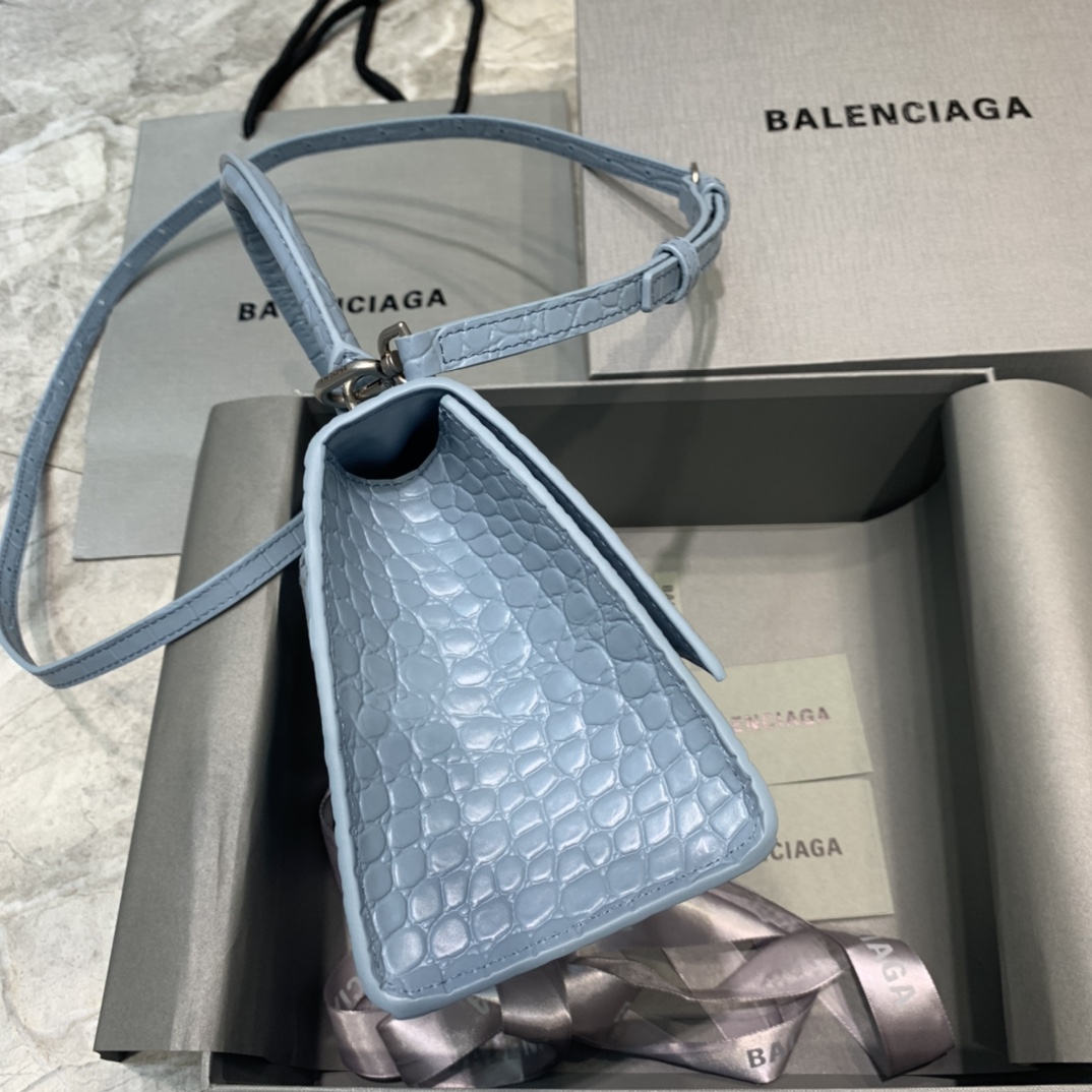 Balenciaga Hourglass 23cm Chain Bag in Shiny Crocodile Embossed Leather Sky Blue