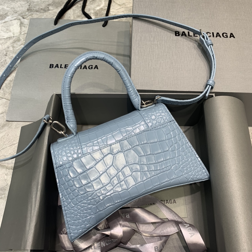 Balenciaga Hourglass 23cm Chain Bag in Shiny Crocodile Embossed Leather Sky Blue