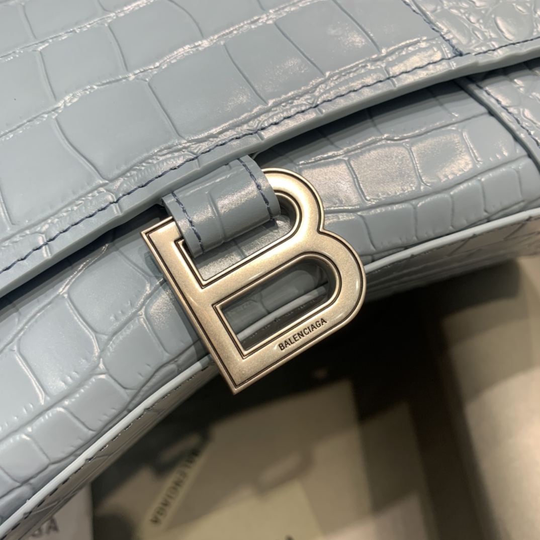 Balenciaga Hourglass 23cm Chain Bag in Shiny Crocodile Embossed Leather Sky Blue