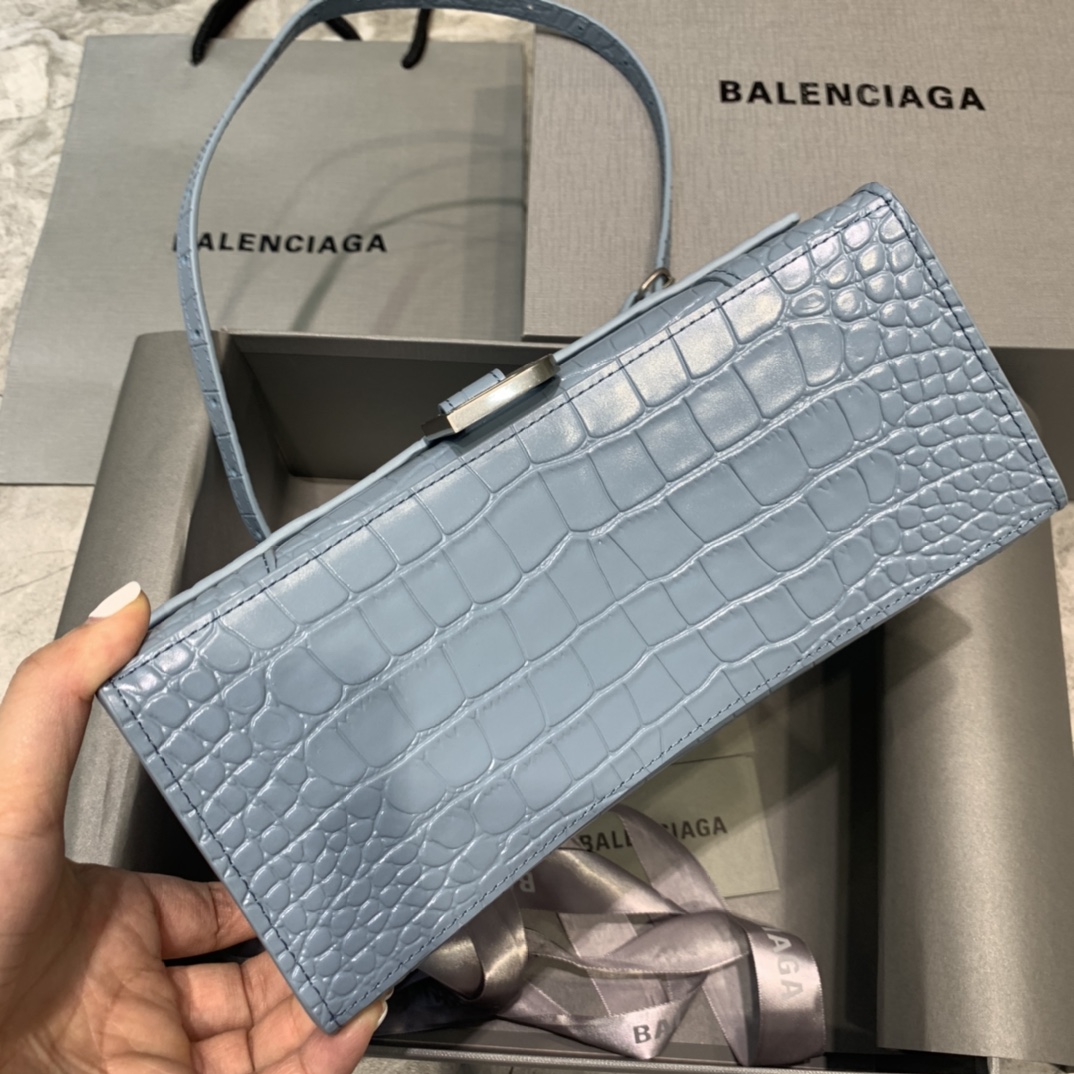 Balenciaga Hourglass 23cm Chain Bag in Shiny Crocodile Embossed Leather Sky Blue