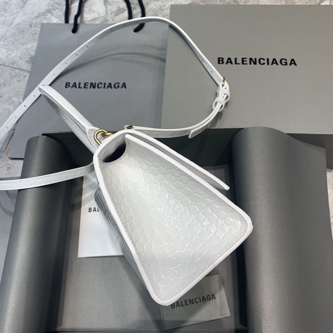 Balenciaga Hourglass 23cm Chain Bag in Shiny Crocodile Embossed Leather White With Gold LOGO