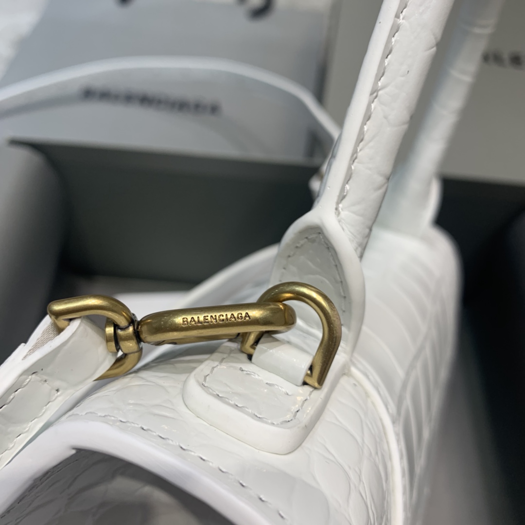 Balenciaga Hourglass 23cm Chain Bag in Shiny Crocodile Embossed Leather White With Gold LOGO