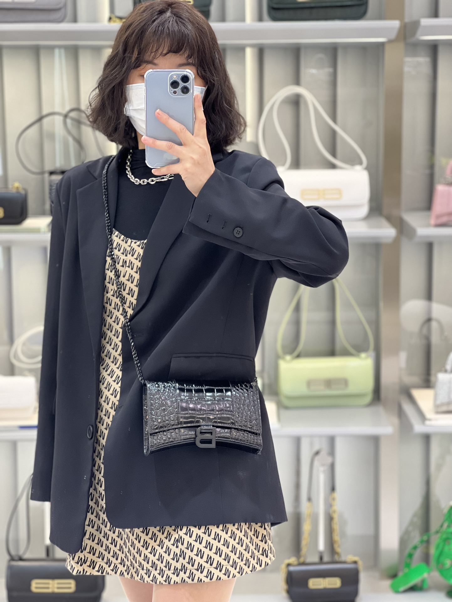 Balenciaga Womens Hourglass Wallet With Chain In Black Shiny Crocodile Embossed Calfskin With Black Logo