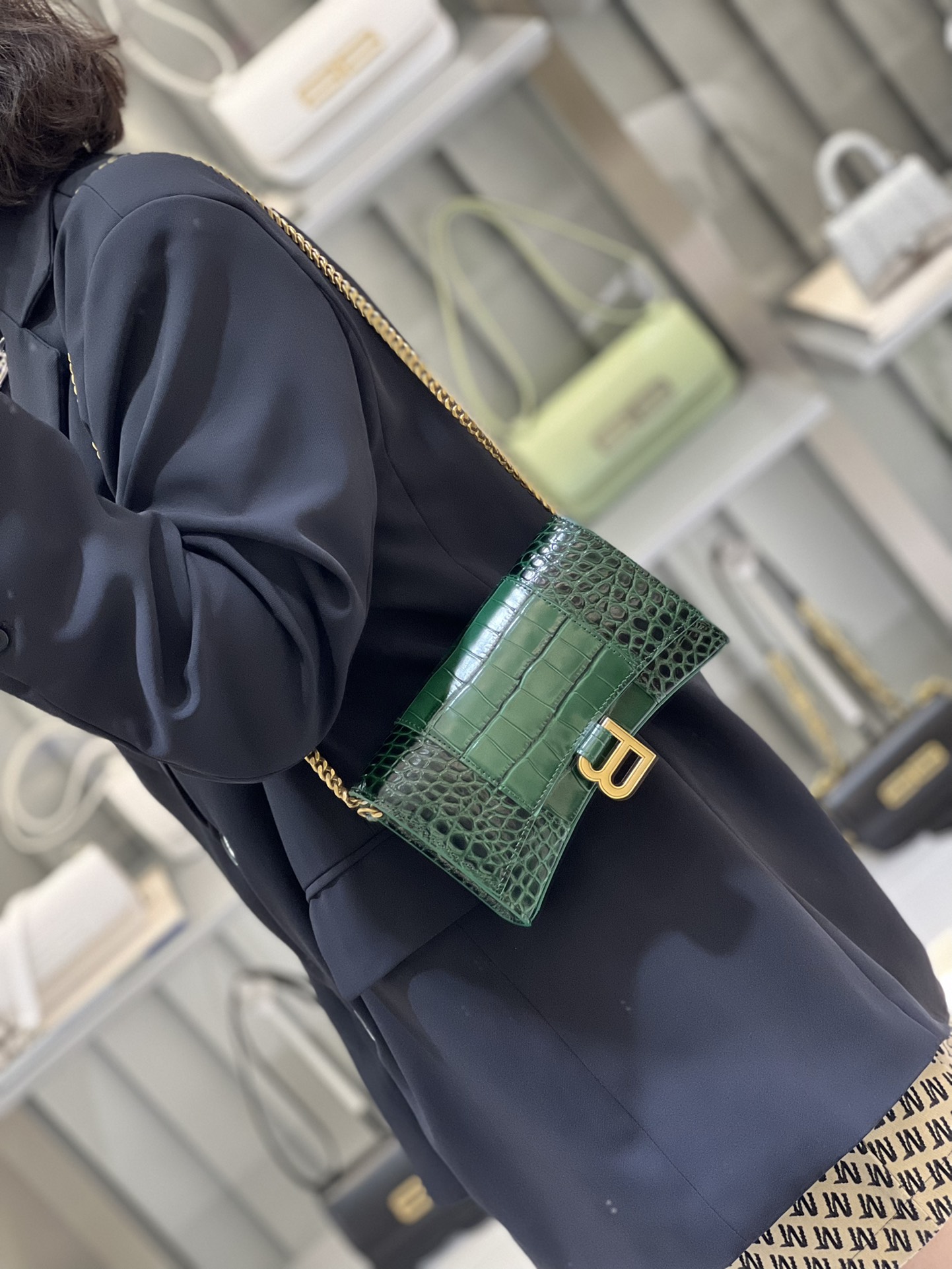 Balenciaga Womens Hourglass Wallet With Chain In Dark Green Shiny Crocodile Embossed Calfskin