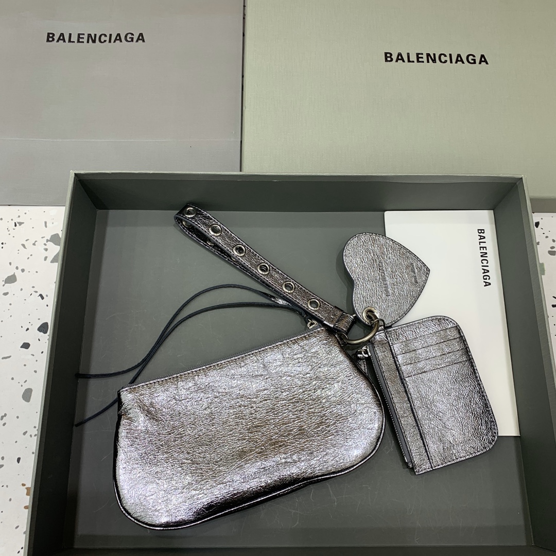 Balenciage Cagole Mini Multipouch in Silver Metallized Arena Lambskin