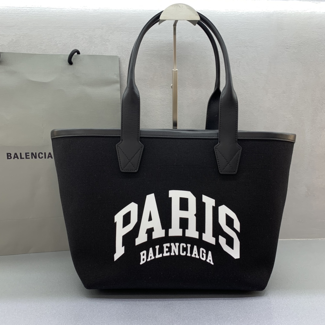 Balenciage Cities Paris Jumbo Large Tote Bag in black cotton canvas and calfskin