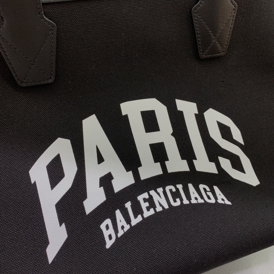 Balenciage Cities Paris Jumbo Large Tote Bag in black cotton canvas and calfskin