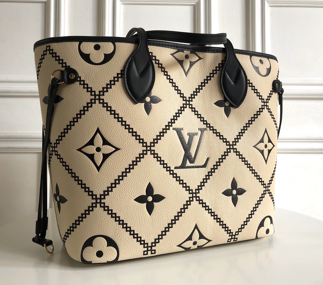 Best Copy Louis Vuitton NEVERFULL MM Embroidered Dmbossed Supple Grained Cowhide Leather M46039 Creme Beige And Black