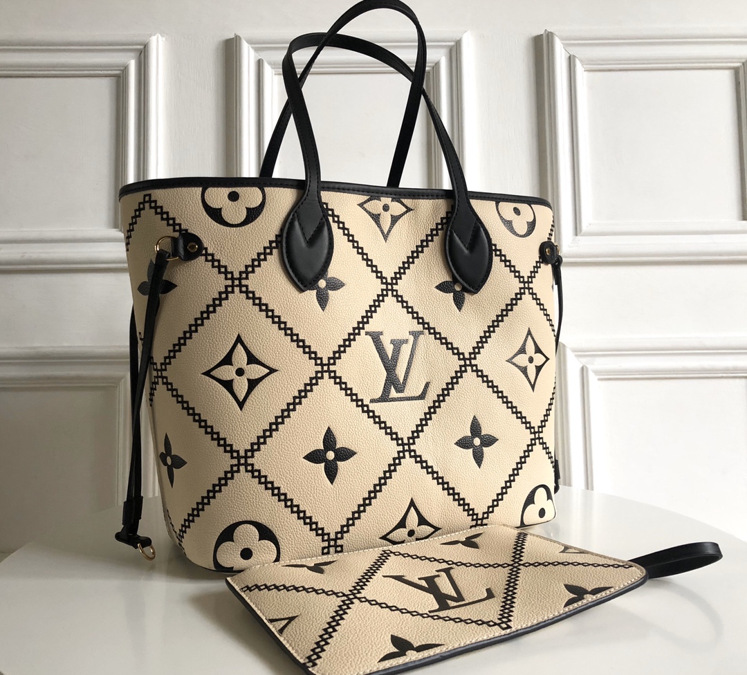 Best Copy Louis Vuitton NEVERFULL MM Embroidered Dmbossed Supple Grained Cowhide Leather M46039 Creme Beige And Black