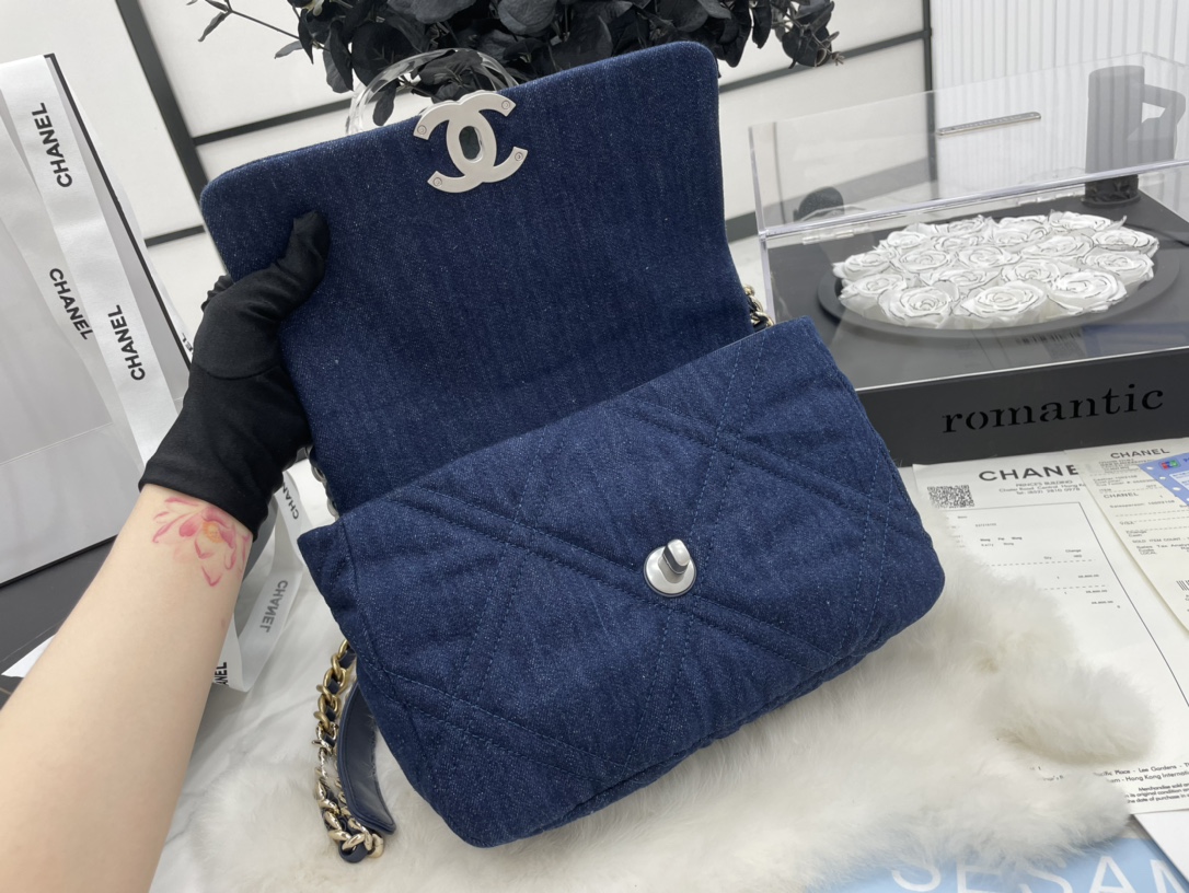 Best Gift Replica Chanel 19 Handbag 26cm Dark Blue Denim