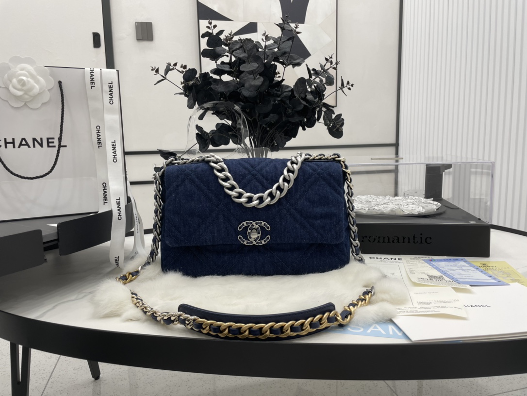 Best Gift Replica Chanel 19 Handbag 30cm Dark Blue Denim