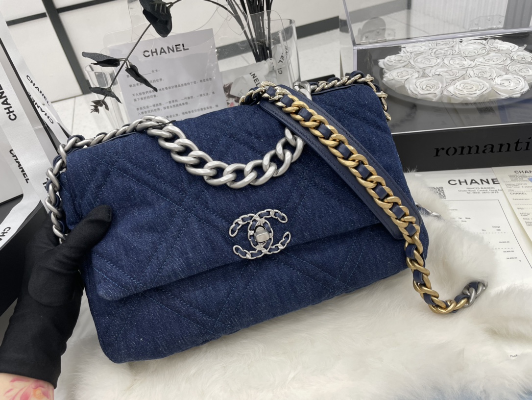 Best Gift Replica Chanel 19 Handbag 30cm Dark Blue Denim