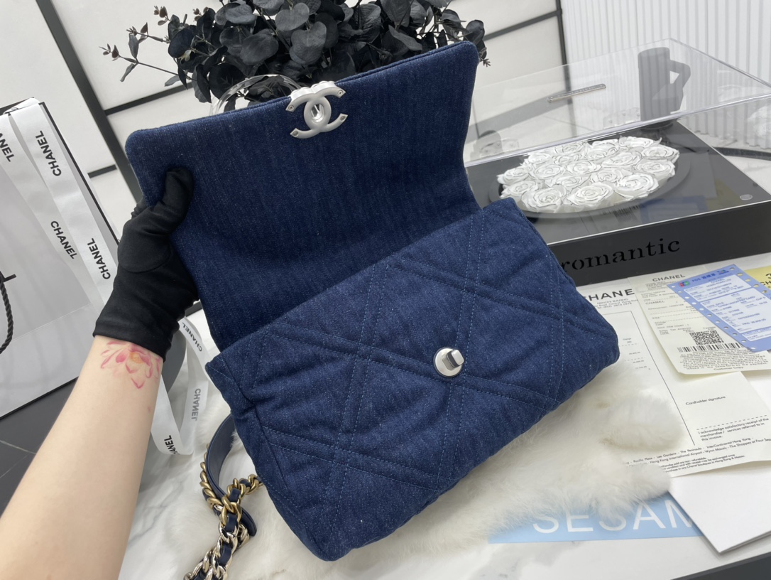 Best Gift Replica Chanel 19 Handbag 30cm Dark Blue Denim