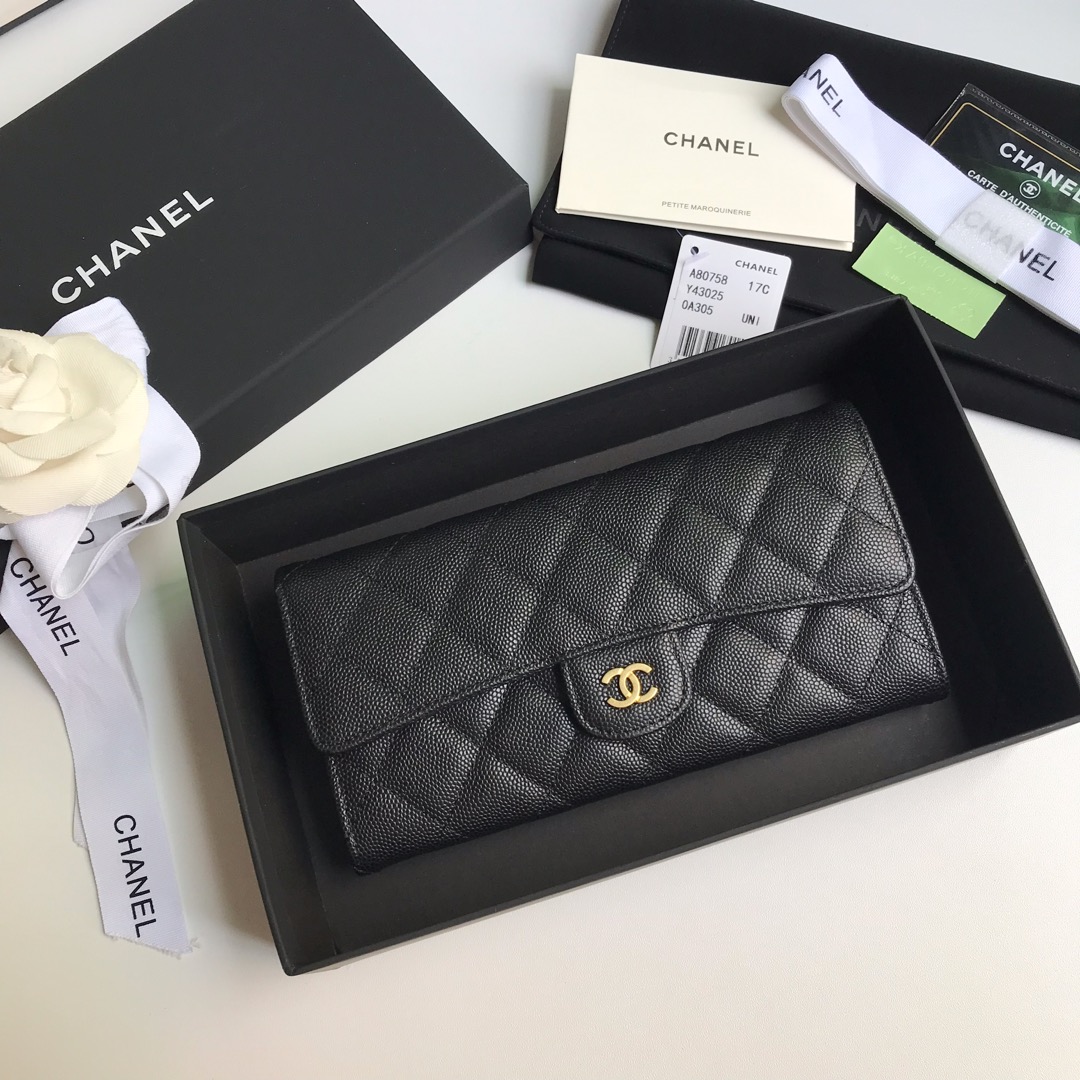 Best Price Chanel A80758 Classics Flap Long Wallet Grained Calfskin Black