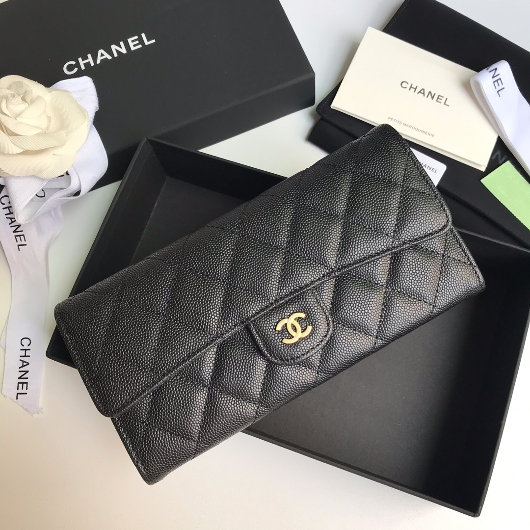 Best Price Chanel A80758 Classics Flap Long Wallet Grained Calfskin Black