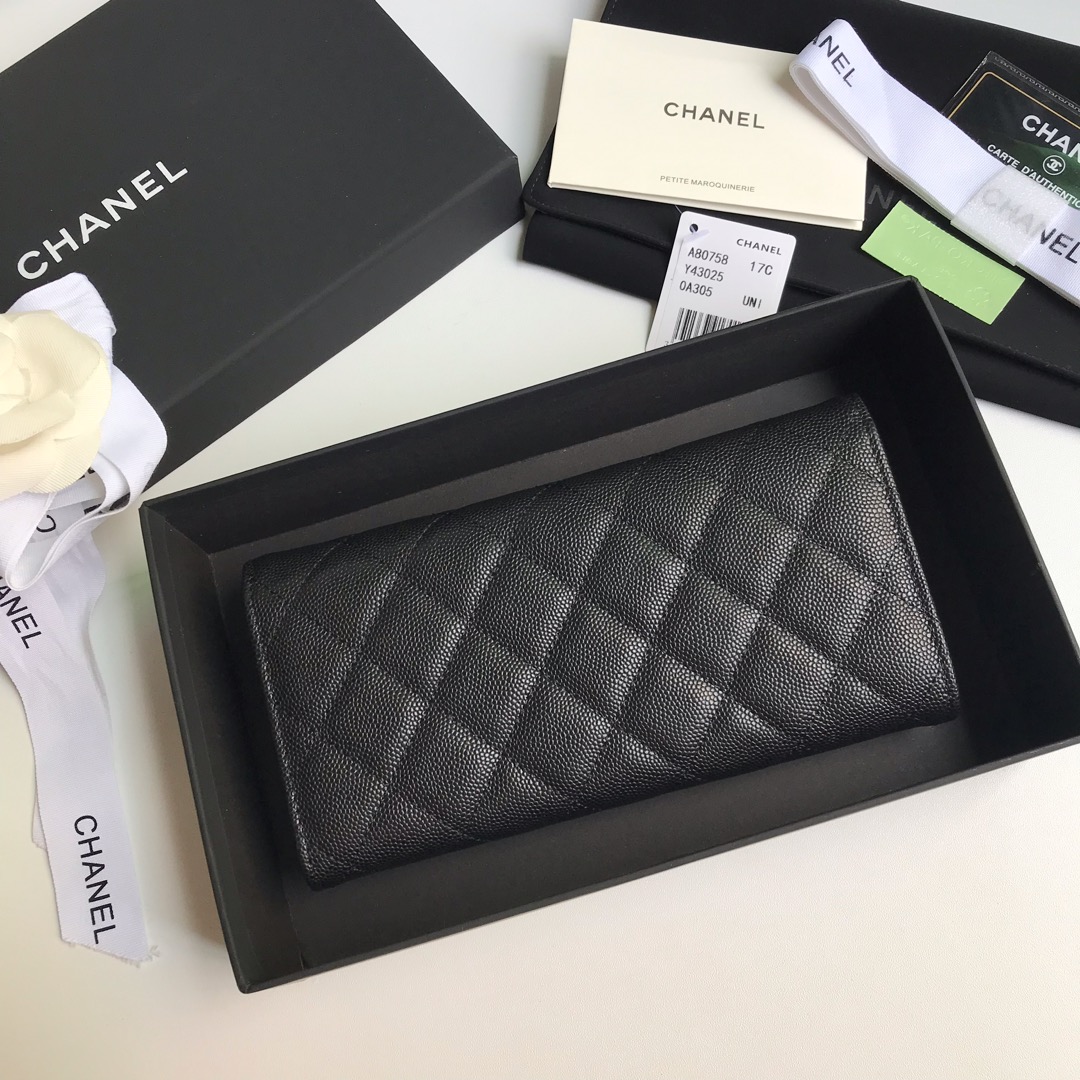 Best Price Chanel A80758 Classics Flap Long Wallet Grained Calfskin Black