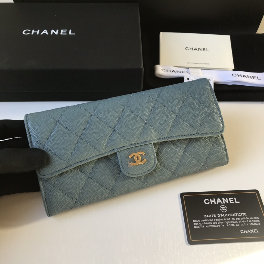 Best Price Chanel A80758 Classics Flap Long Wallet Grained Calfskin Blue