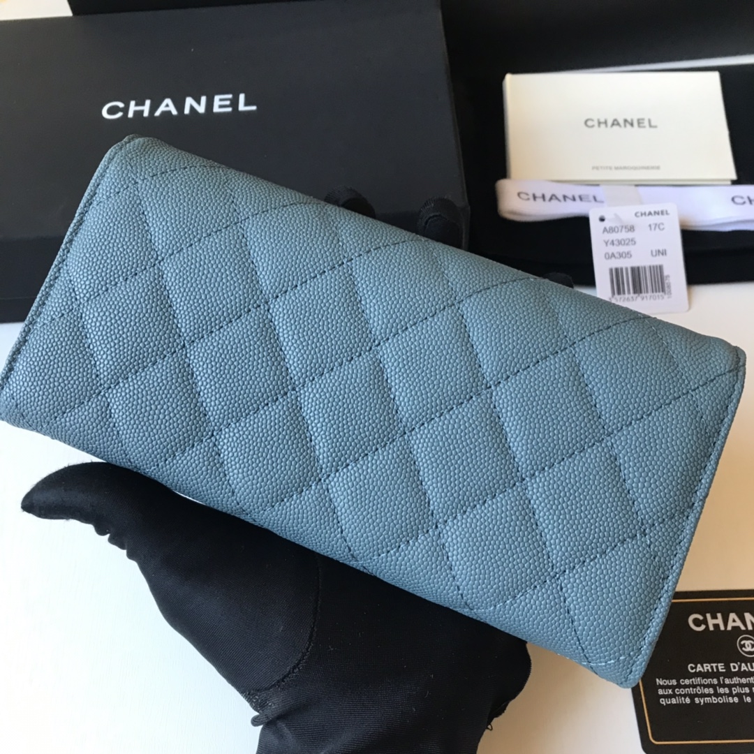 Best Price Chanel A80758 Classics Flap Long Wallet Grained Calfskin Blue