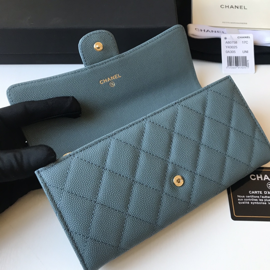 Best Price Chanel A80758 Classics Flap Long Wallet Grained Calfskin Blue