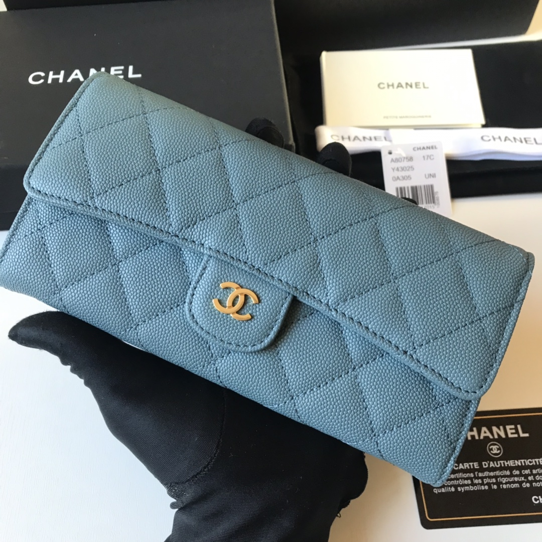 Best Price Chanel A80758 Classics Flap Long Wallet Grained Calfskin Blue