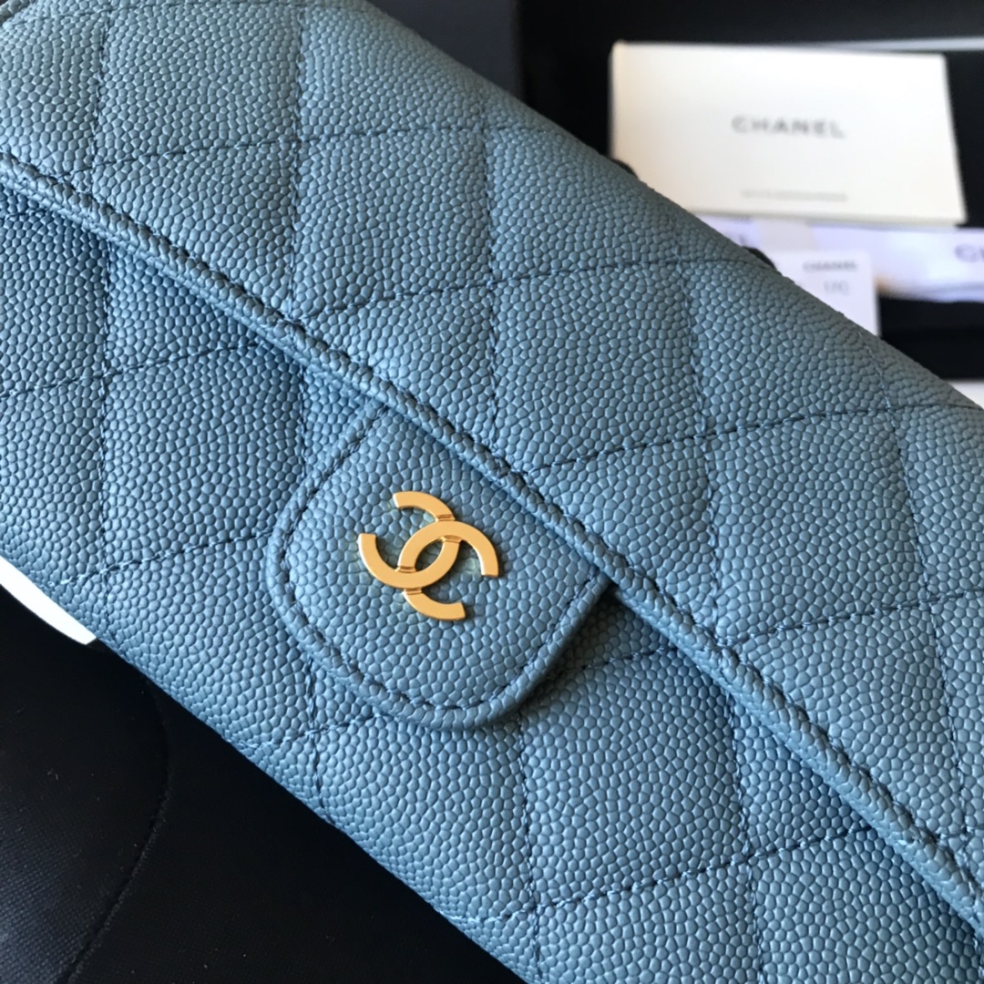 Best Price Chanel A80758 Classics Flap Long Wallet Grained Calfskin Blue