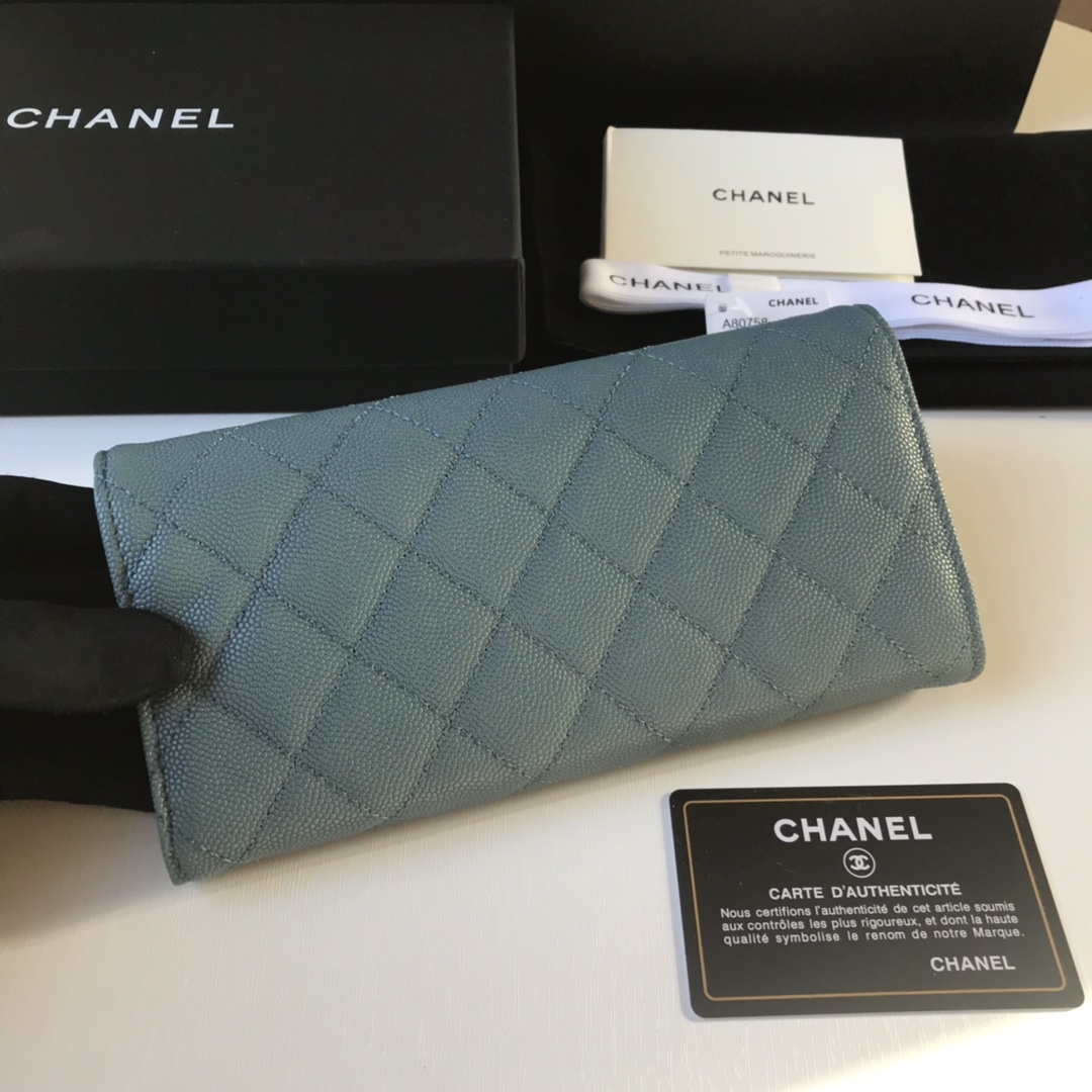 Best Price Chanel A80758 Classics Flap Long Wallet Grained Calfskin Blue