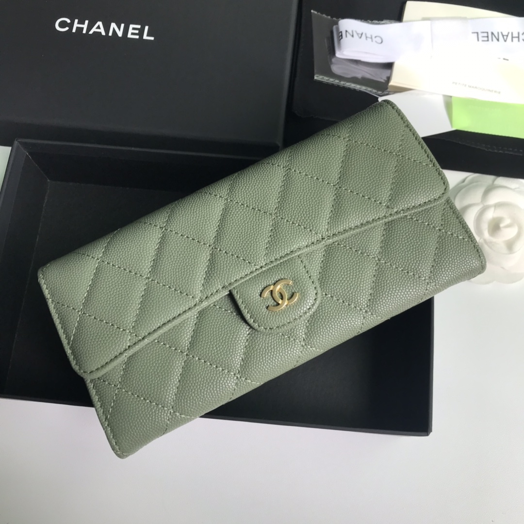 Best Price Chanel A80758 Classics Flap Long Wallet Grained Calfskin Green