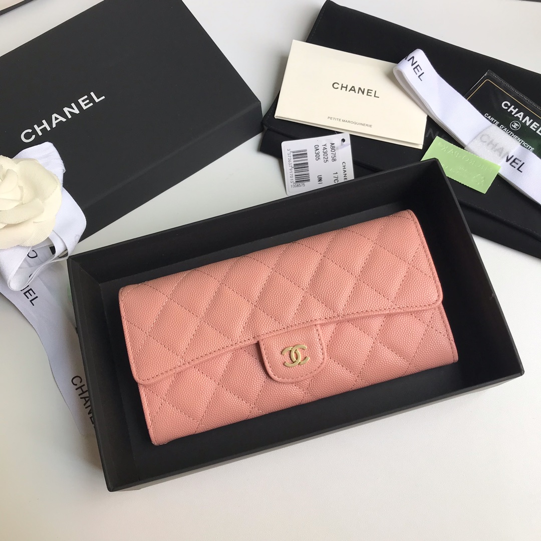 Best Price Chanel A80758 Classics Flap Long Wallet Grained Calfskin Pink