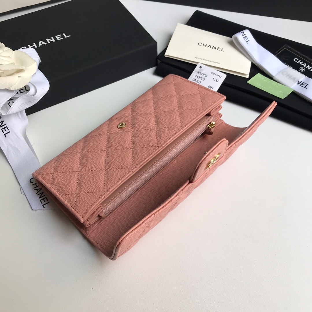 Best Price Chanel A80758 Classics Flap Long Wallet Grained Calfskin Pink